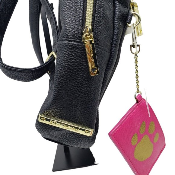 Betsey Johnson Tuxedo Cat Faux Fur Backpack Zip Around Black White Gold Hardware - Picture 4 of 12